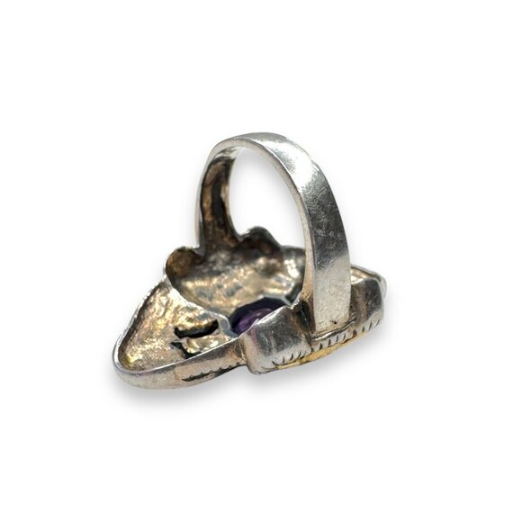 Vintage Sterling Silver 14K Gold Overlay Amethyst Marcasite Ring Size 6 - Picture 6 of 8